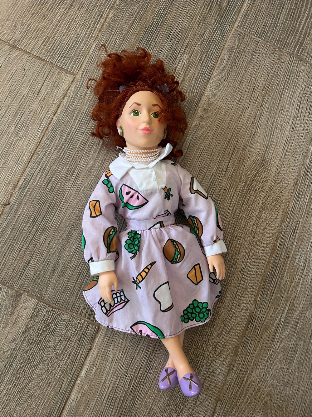 Curly Red-Haired Kids Doll in Lavender Food-Print Dress